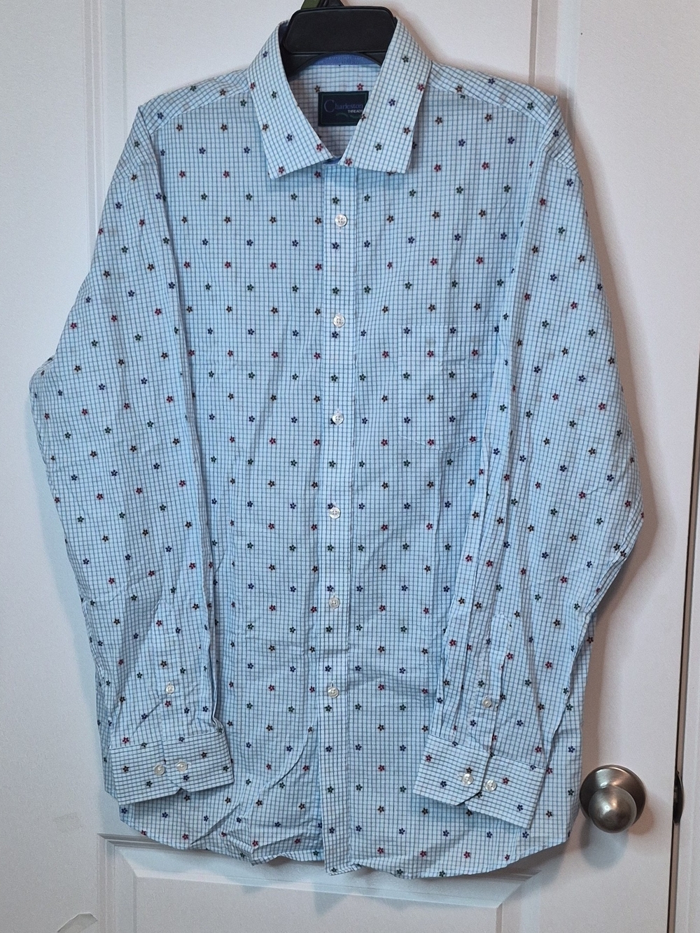Charleston Theads Men's Light Blue Checked Dress Shirt with Micro Motif Size XL